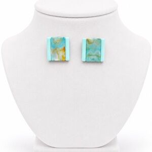Hong Kong Aqua Blue Marbled Rectangular VTG Clip-On Earrings